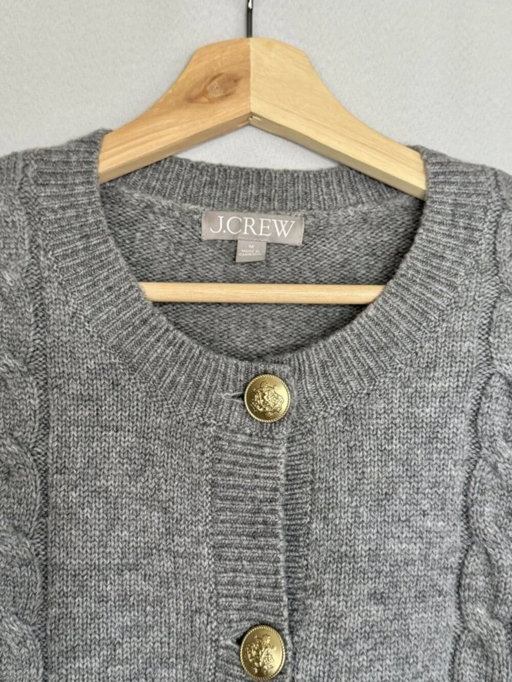 J. Crew Gray Wool Alpaca Acrylic Gold Button Cable Knit Cardigan Sweater Medium